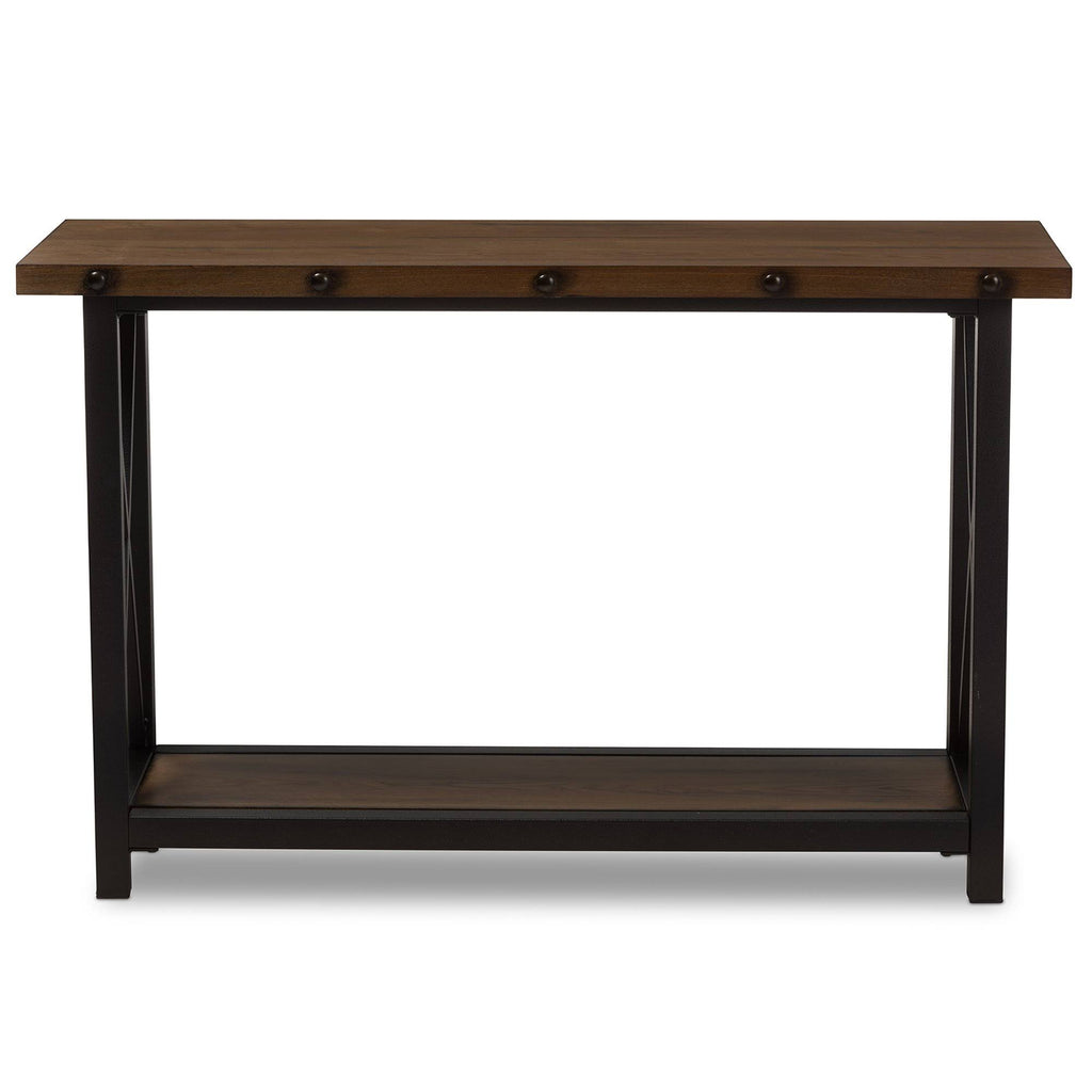 Antique Black Textured Metal Distressed Wood Console Table I556