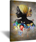 Large African American Wall Art Abstract Beauty Black Woman with Yellow Headband Butterfly Portrait Painting on Canvas 24x36inch G811828