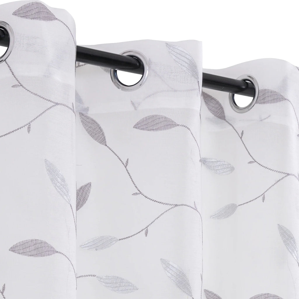 Grey Sheer Embroidered Leaf Curtains 63 inches Grommet Top 2 Panels D7425
