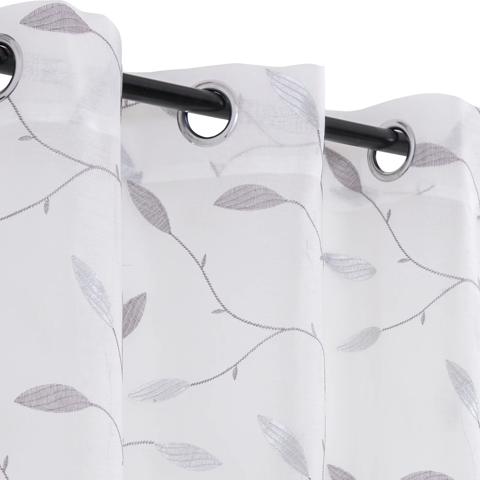 Grey Sheer Embroidered Leaf Curtains 63 inches Grommet Top 2 Panels D7425