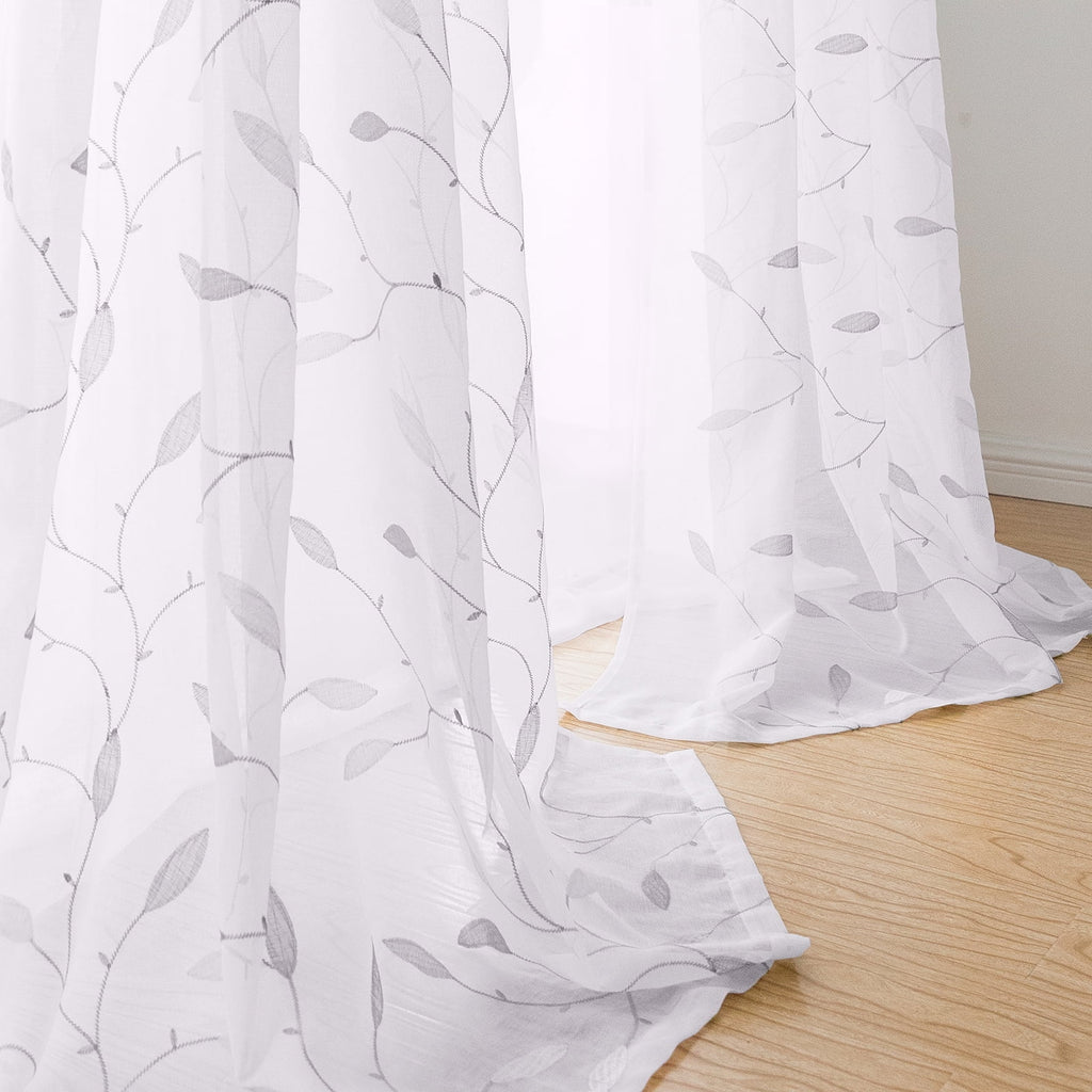 Grey Sheer Embroidered Leaf Curtains 63 inches Grommet Top 2 Panels D7425