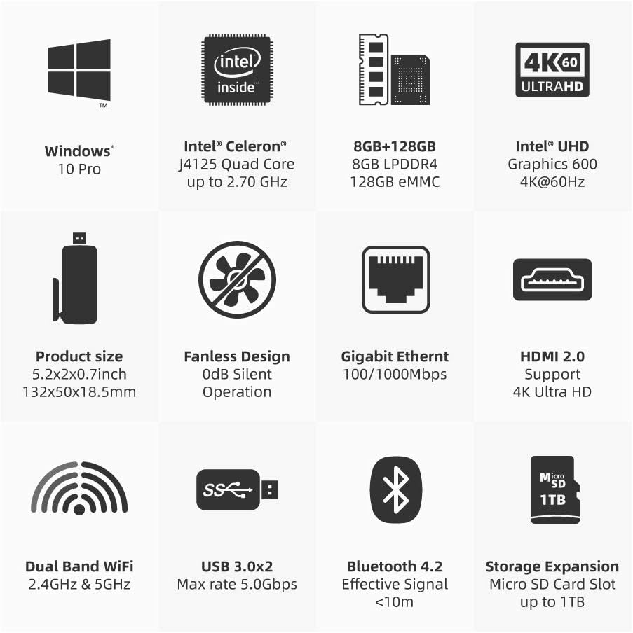 Fanless Mini PC Stick Windows 11 Pro Celeron J4125 8G/128G I56717
