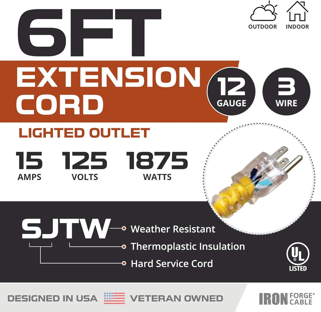 6 Foot Lighted Outdoor Extension Cord, 12/3 SJTW Heavy Duty Yellow Extension Cable with 3 Prong Grounded Plug K87393