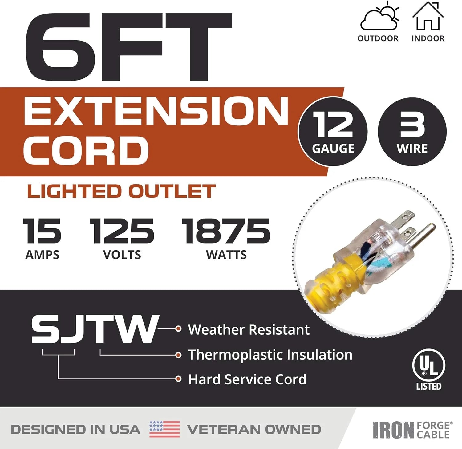 6 Foot Lighted Outdoor Extension Cord, 12/3 SJTW Heavy Duty Yellow Extension Cable with 3 Prong Grounded Plug K87393