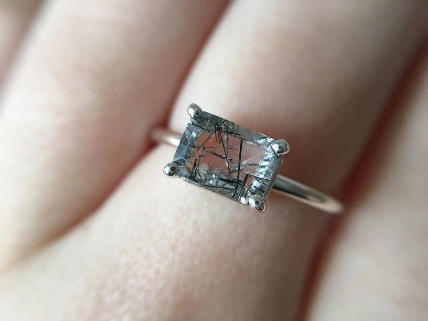 Black Rutilated Quartz Emerald Cut Ring R540771