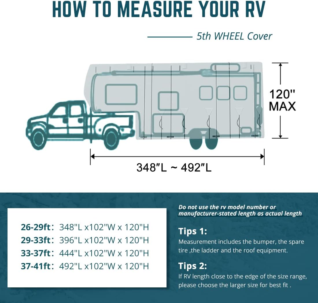 5th Wheel RV Cover, Extra-Thick 5 Layers Anti-UV Top Panel, Fits 37'-41' Motorhome with 2Pcs Extra Straps & 4 Tire Covers L98897