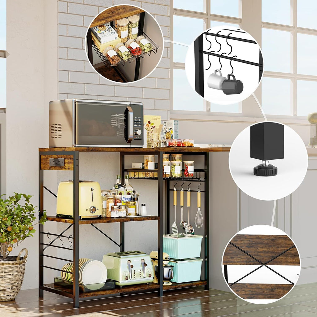 Rustic Brown Bakers Rack with Power Outlet, 5 Shelves Microwave Stand, Pull-Out Basket, 6 Hooks Q5263