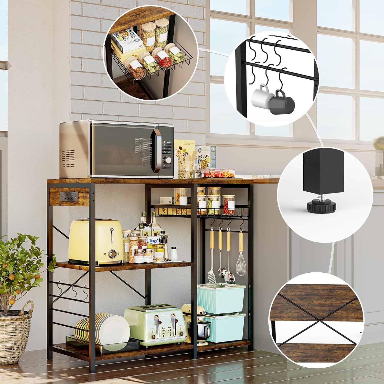 Rustic Brown Bakers Rack with Power Outlet, 5 Shelves Microwave Stand, Pull-Out Basket, 6 Hooks Q5263