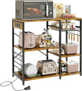 Rustic Brown Bakers Rack with Power Outlet, 5 Shelves Microwave Stand, Pull-Out Basket, 6 Hooks Q5263