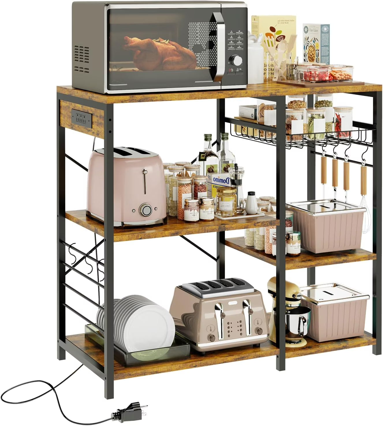 Rustic Brown Bakers Rack with Power Outlet, 5 Shelves Microwave Stand, Pull-Out Basket, 6 Hooks Q5263