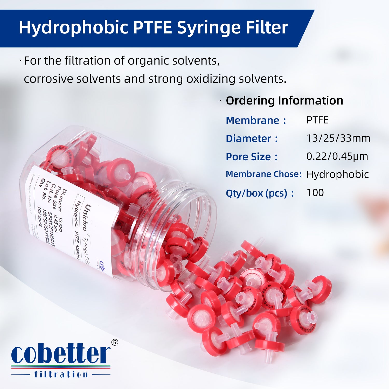 100pcs Red Hydrophobic PTFE Syringe Filters I5450