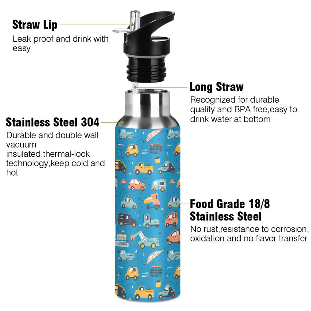 Cartoon Car Trucks Insulated Stainless Steel Water Bottle with Straw Lid 20 oz N767