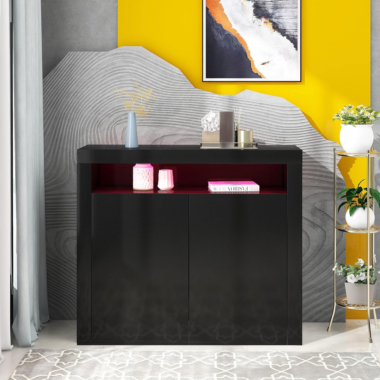 Black High Gloss Sideboard Cabinet with LED Display J75844