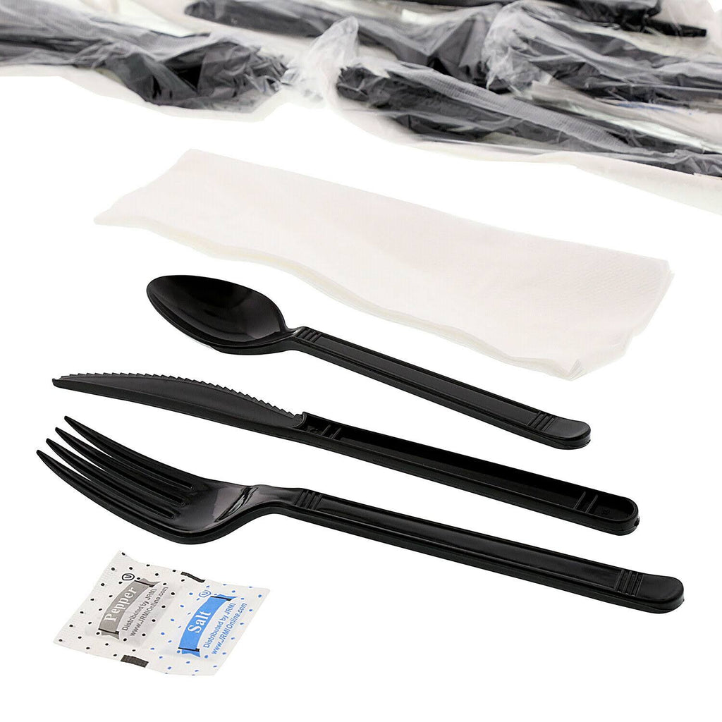 6 Piece Black Heavy Weight Fork Teaspoon Knife Napkin Set H867
