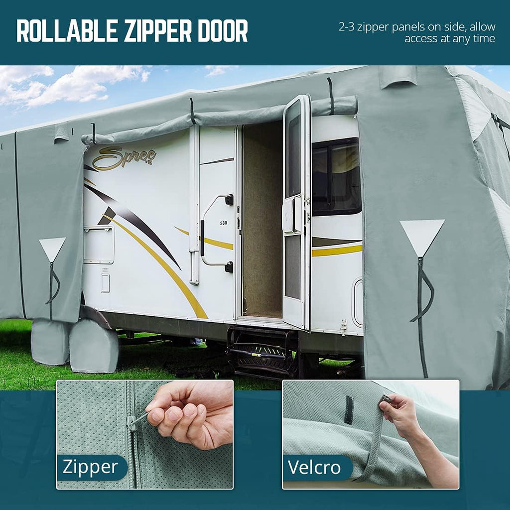 5th Wheel RV Cover, Extra-Thick 5 Layers Anti-UV Top Panel, Fits 37'-41' Motorhome with 2Pcs Extra Straps & 4 Tire Covers L98897