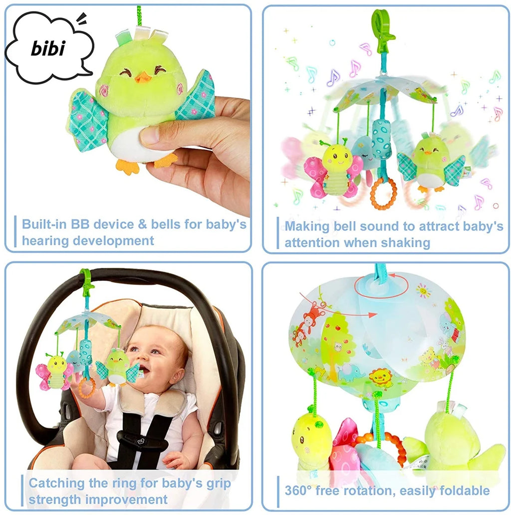 Baby Car Seat Toys Clip On Stroller Toy with Birds and Bees Hanging Rattle, Sensory Activity Toy, Two Wrist Rattles B6376