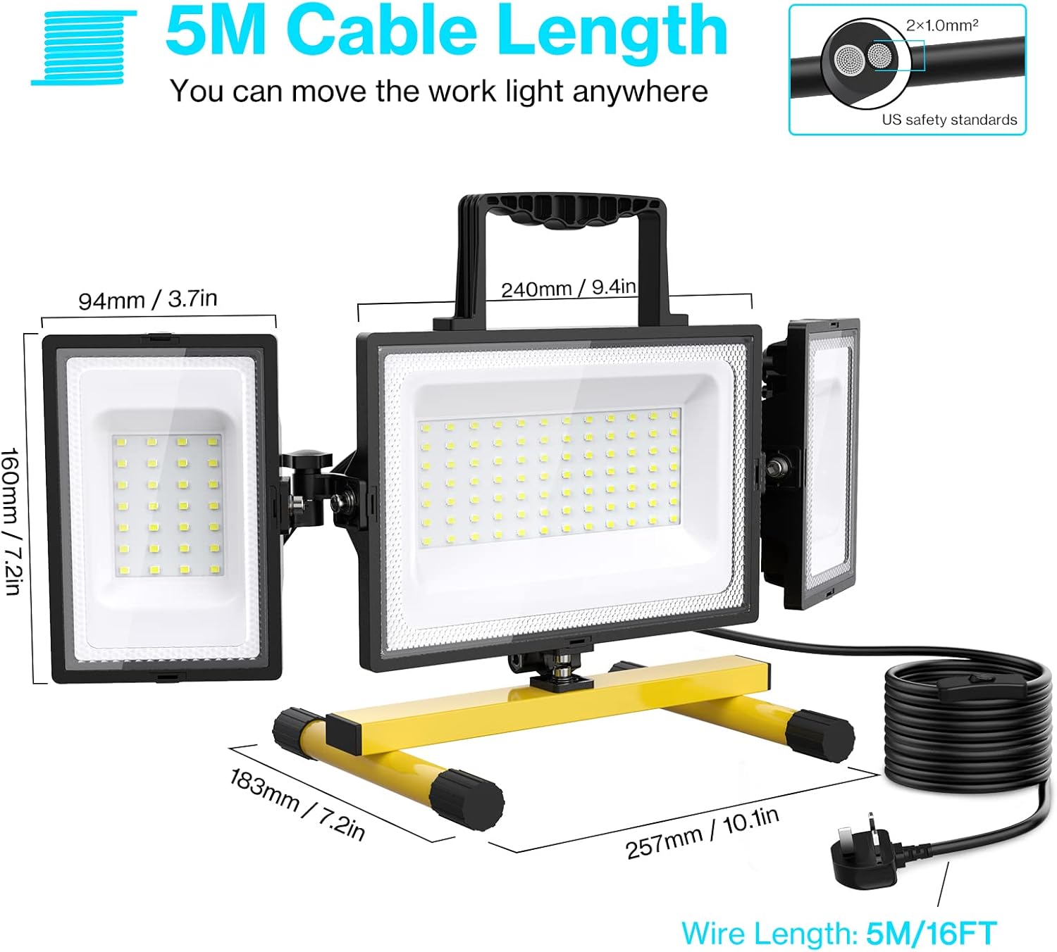 80W LED Work Light, 3 Adjustable Heads, 7200LM, IP65 Waterproof, 6500K Daylight White, 16.4ft Power Cord, Pack of 2 Z283361