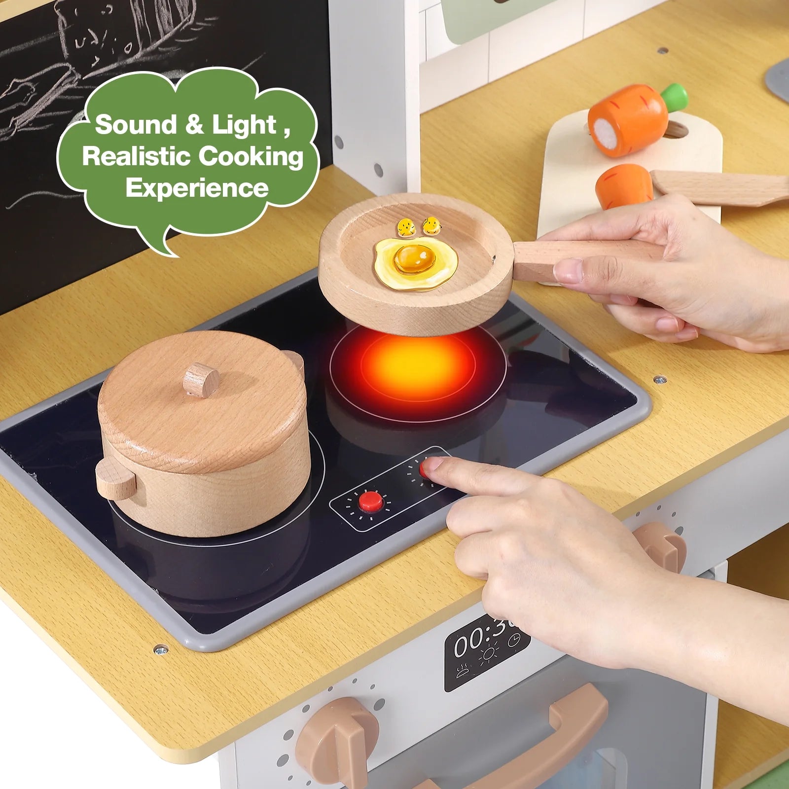 Kids Play Wooden Kitchen Toy Set with Cookware Accessories Microwave Fridge S5823