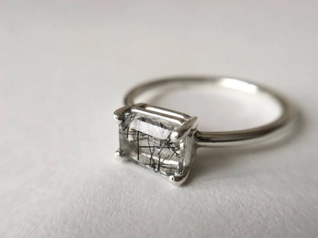 Black Rutilated Quartz Emerald Cut Ring R540771
