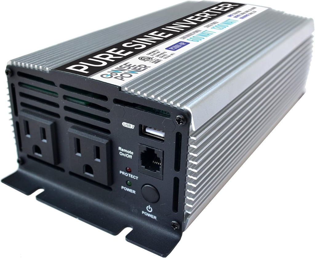 600W Pure Sine Wave Inverter 12V DC to 115V AC with 2 AC Outlets and USB Port K992853