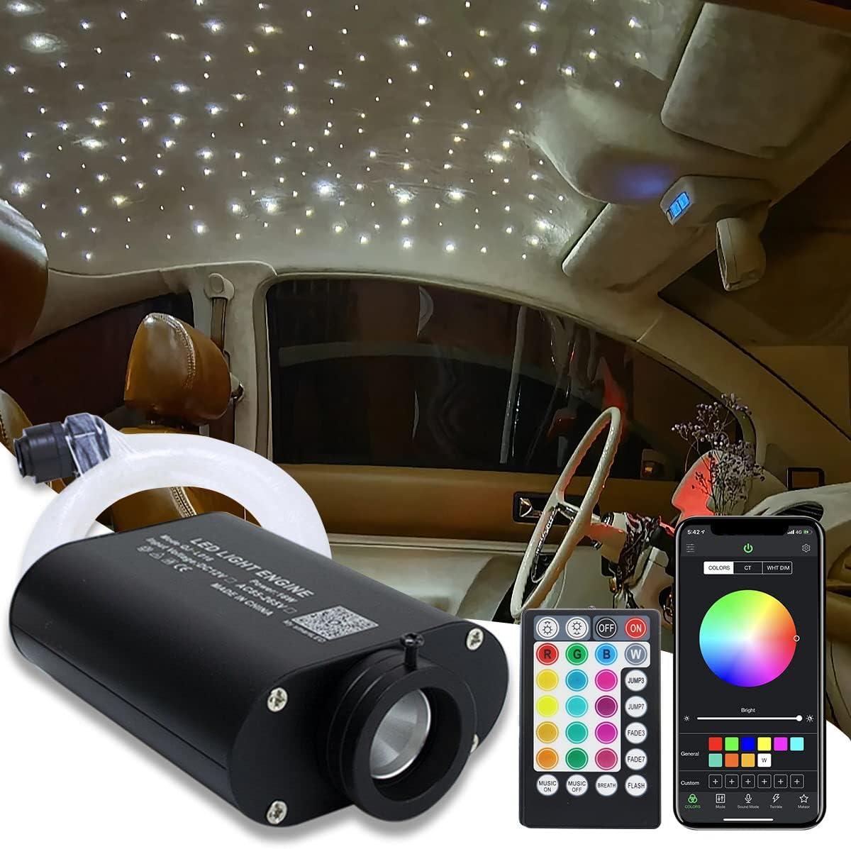 16W Fiber Optic Lights Starlight Headliner Light Kit with Remote Control, 150pcs 6.5ft Optical Fiber Cable Strands A677