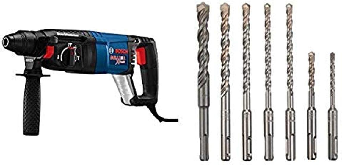 8 Amp 1 Inch Corded Variable Speed SDS-Plus Rotary Hammer with 7 Piece Carbide-Tipped Drill Bit Set H501373