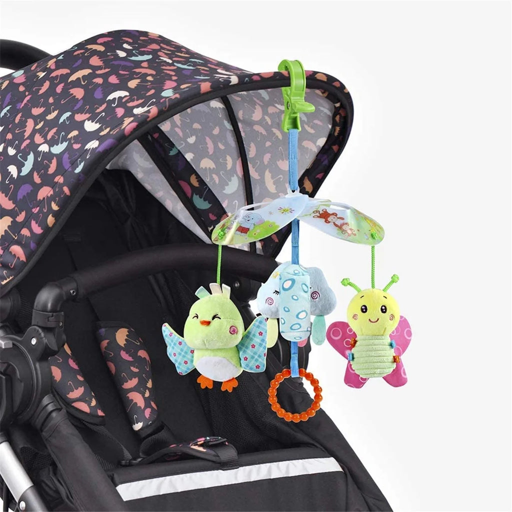 Baby Car Seat Toys Clip On Stroller Toy with Birds and Bees Hanging Rattle, Sensory Activity Toy, Two Wrist Rattles B6376