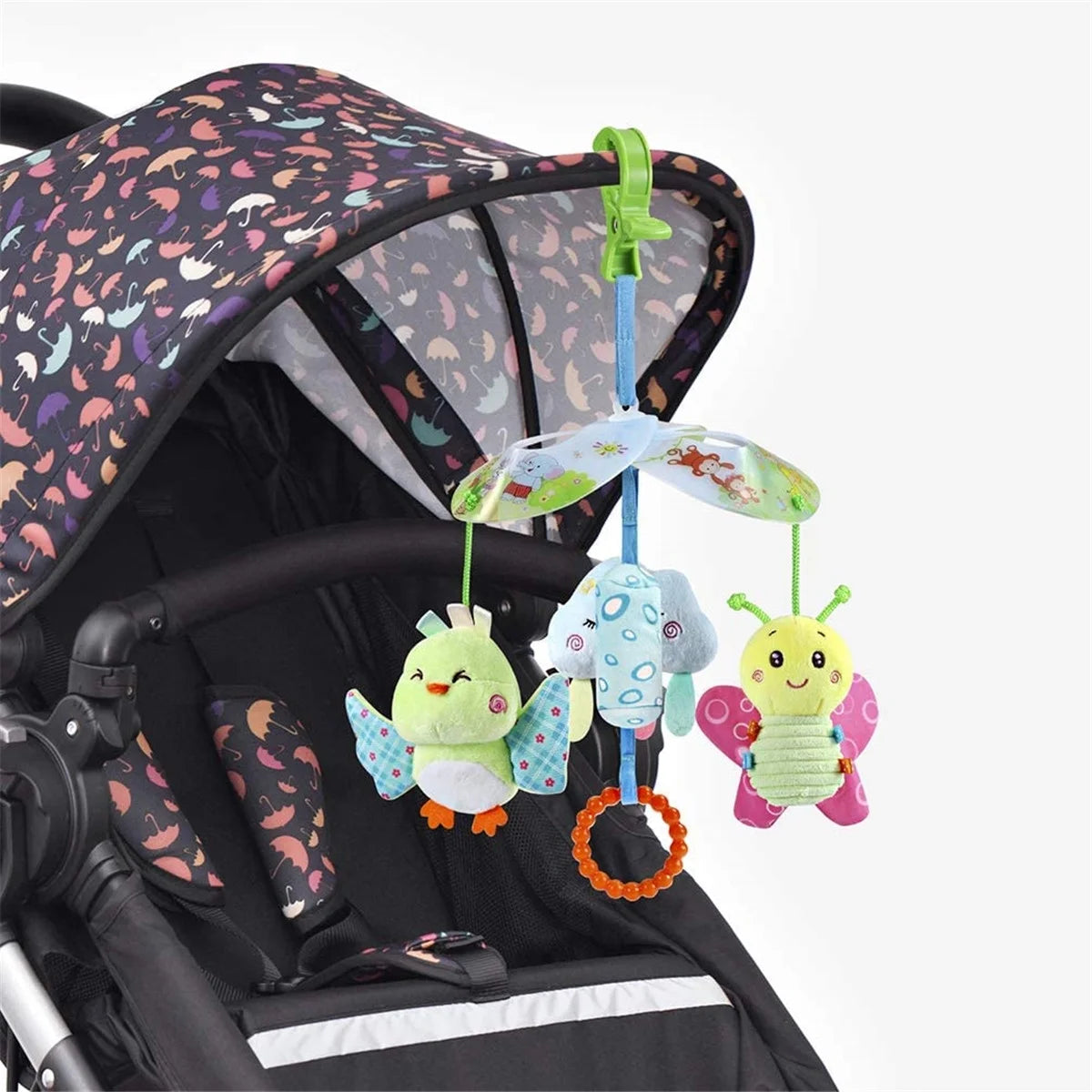 Baby Car Seat Toys Clip On Stroller Toy with Birds and Bees Hanging Rattle, Sensory Activity Toy, Two Wrist Rattles B6376
