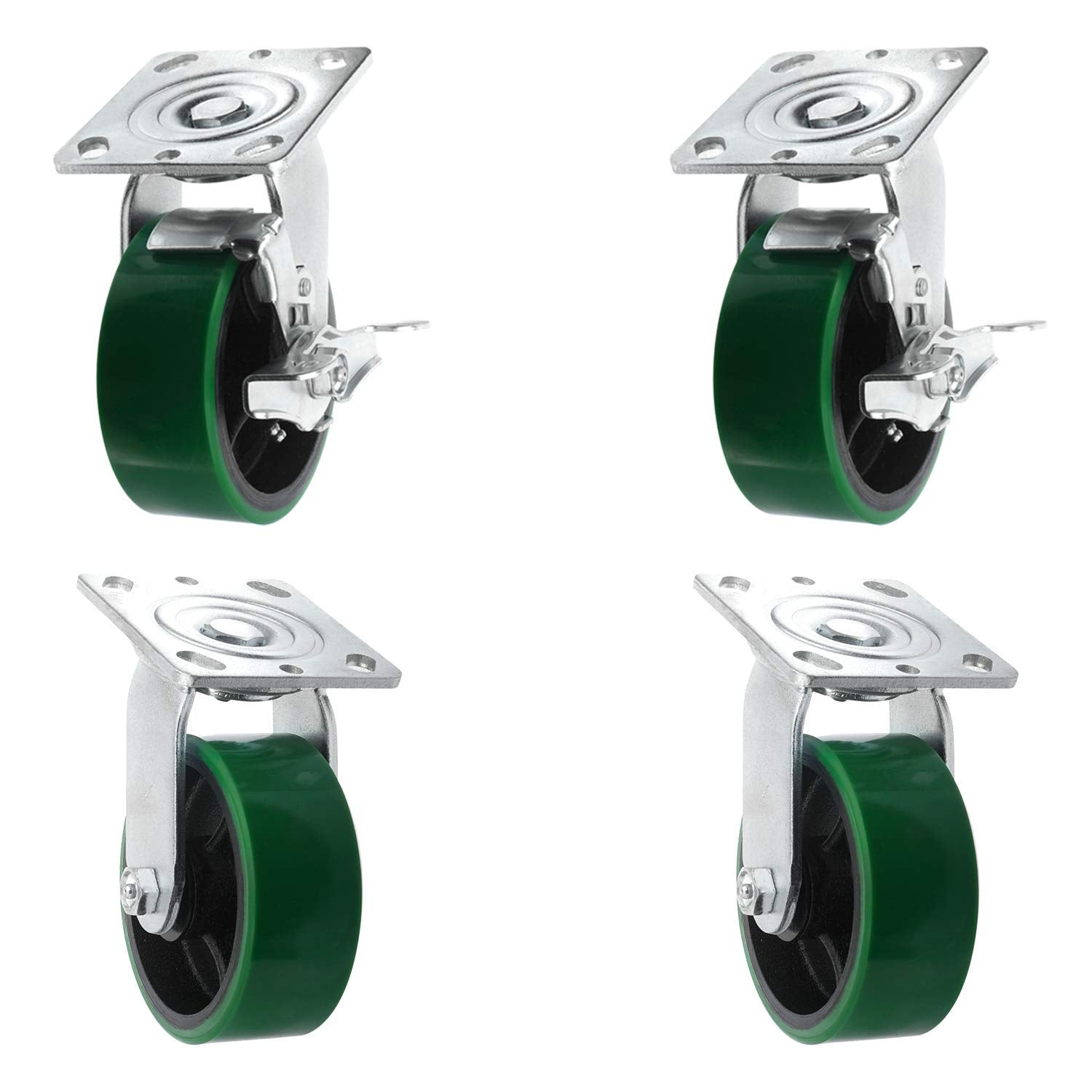 4 Quantity Heavy Duty Swivel w/Brake Rigid Polyurethane Mold on Steel Wheel Caster Q50151