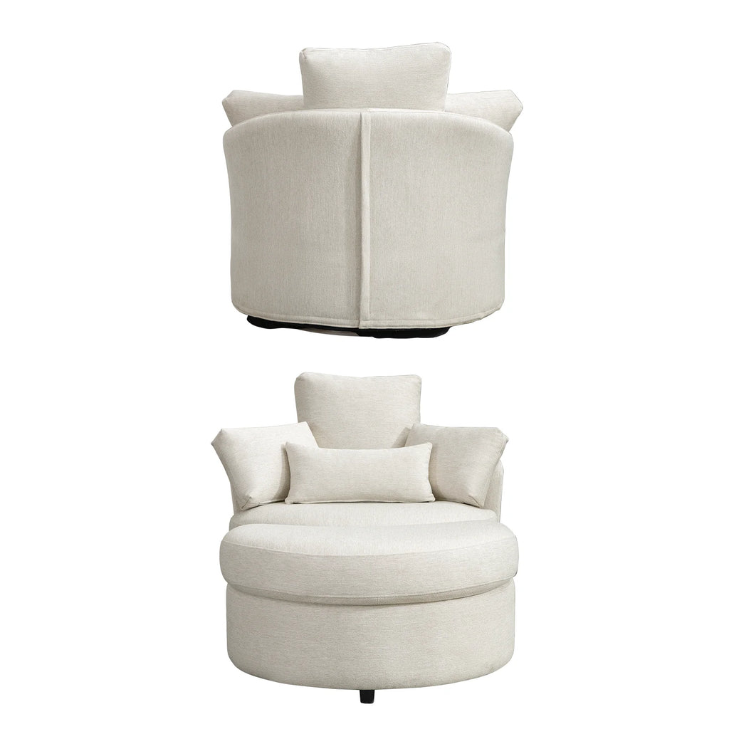 Beige Linen Fabric Swivel Accent Barrel Sofa Chair with Half Moon Storage Ottoman and 3 Pillows B601975