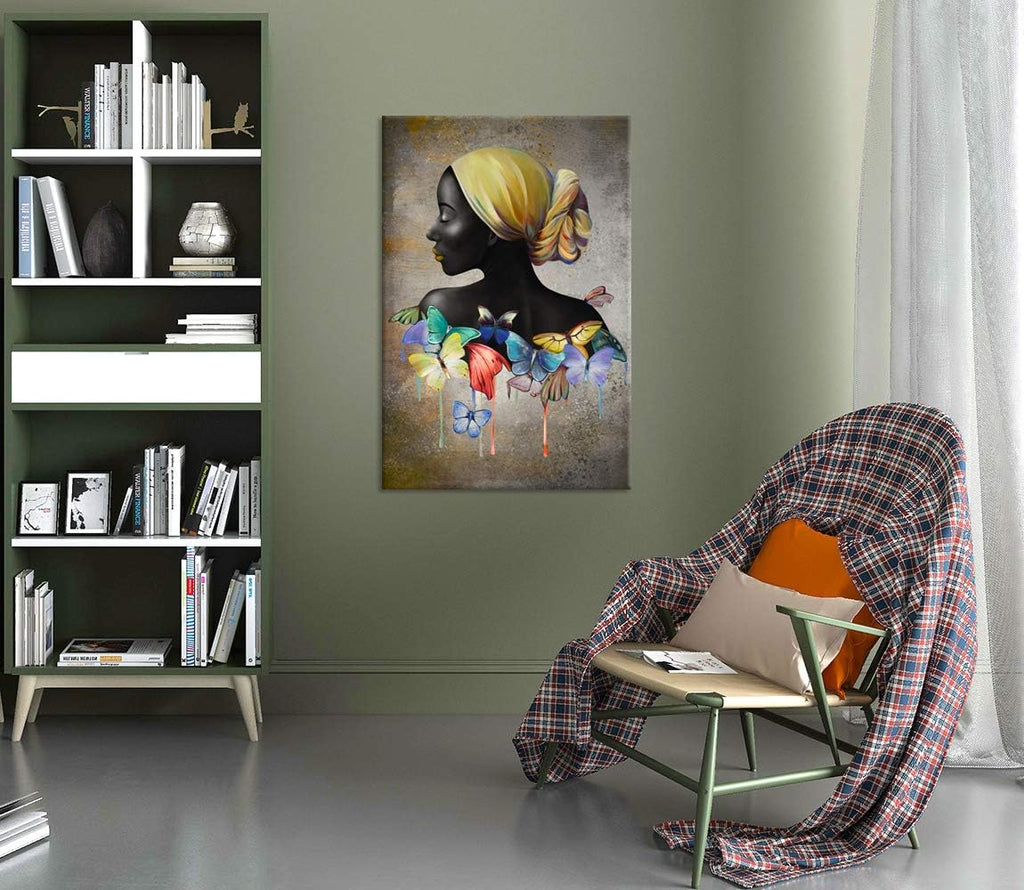 Large African American Wall Art Abstract Beauty Black Woman with Yellow Headband Butterfly Portrait Painting on Canvas 24x36inch G811828