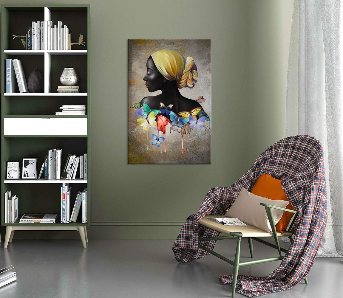 Large African American Wall Art Abstract Beauty Black Woman with Yellow Headband Butterfly Portrait Painting on Canvas 24x36inch G811828