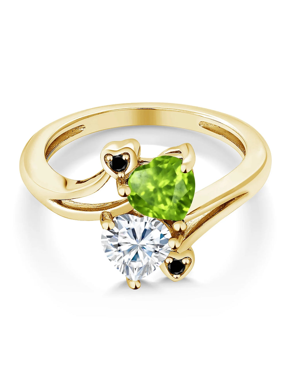 18K Yellow Gold Plated Silver Green Peridot White Moissanite and Black Diamond Ring (1.60 Cttw, Heart Shape 6MM) U7610