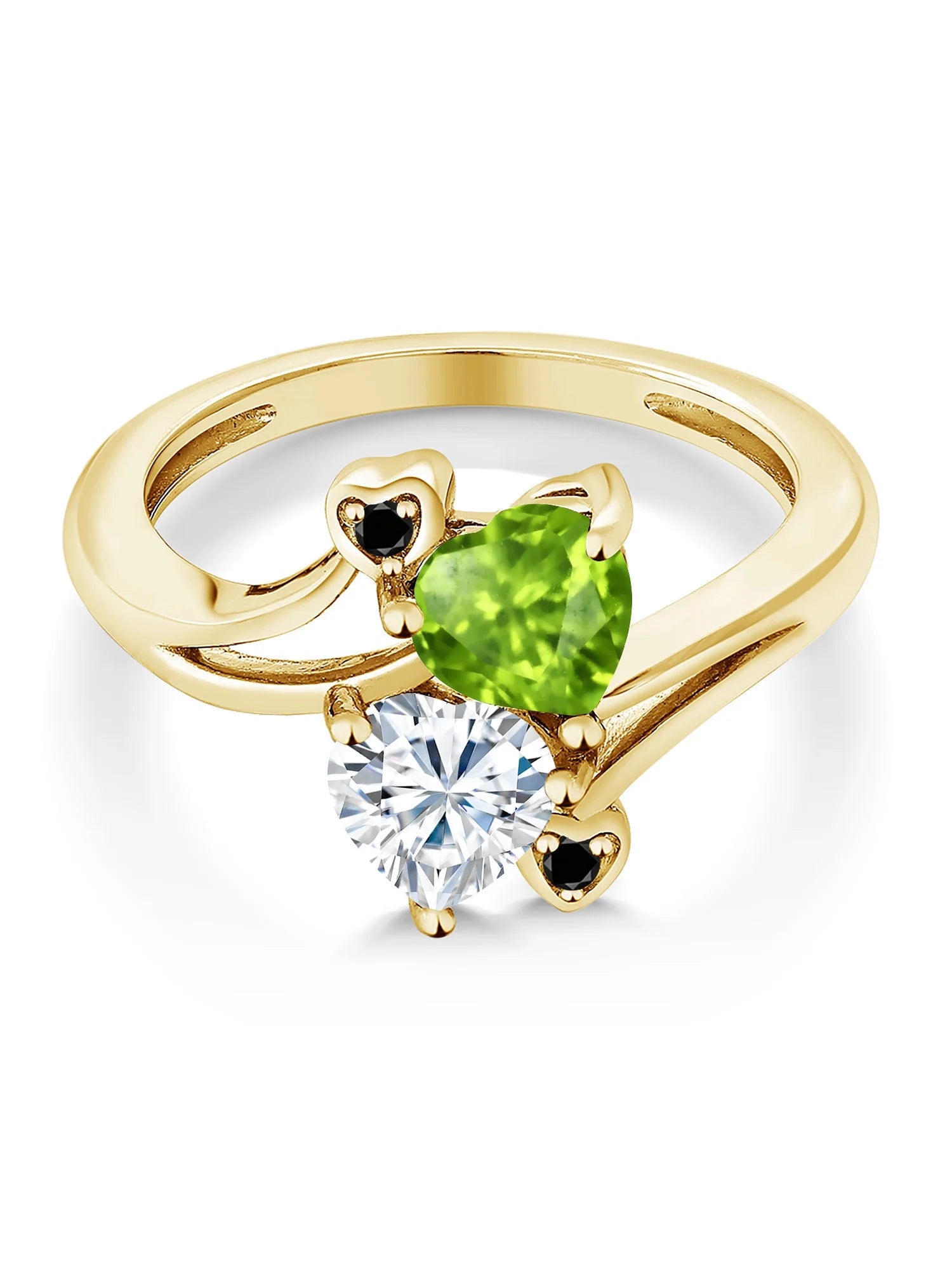 18K Yellow Gold Plated Silver Green Peridot White Moissanite and Black Diamond Ring (1.60 Cttw, Heart Shape 6MM) U7610