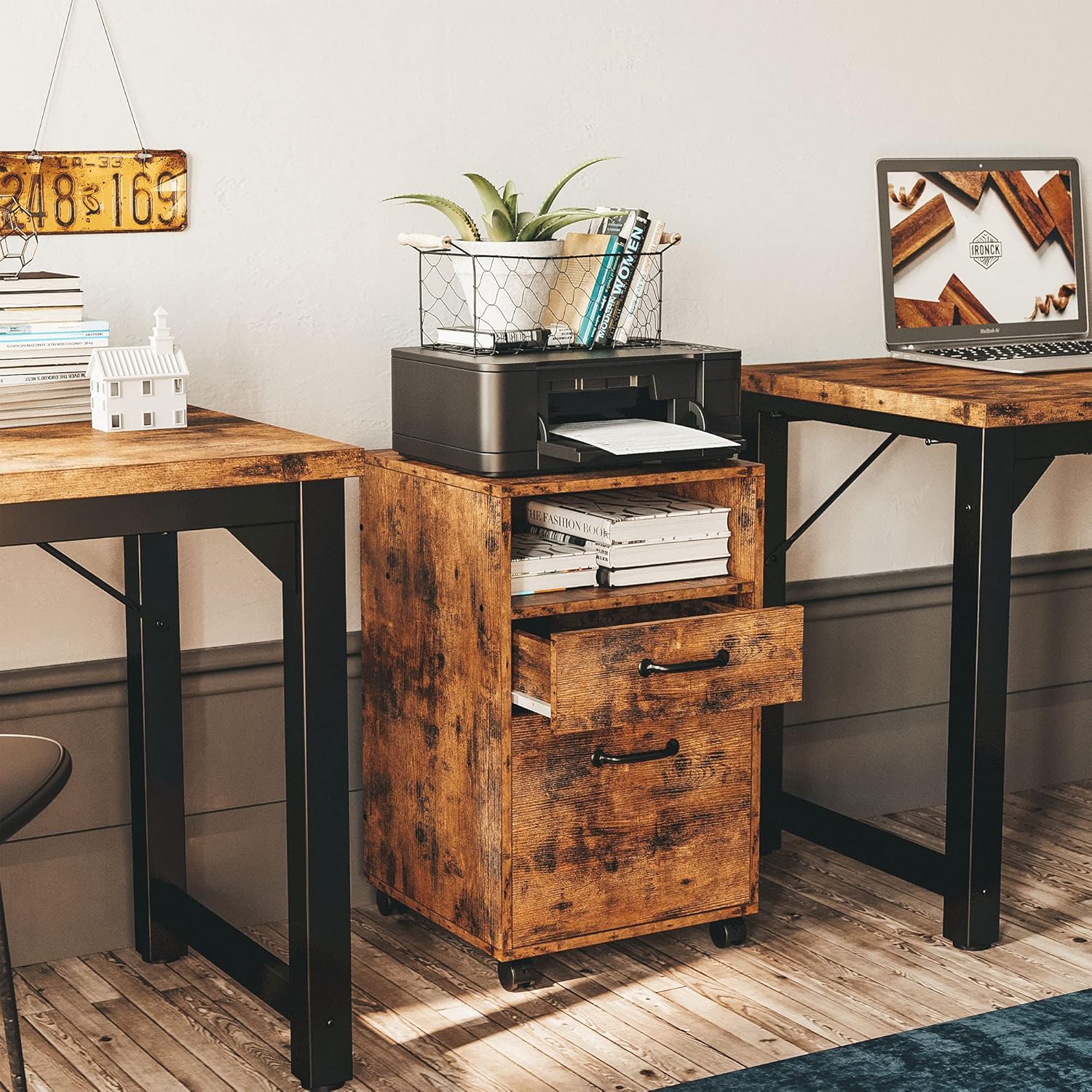Vintage Brown Mobile Filing Cabinet with Storage S97965