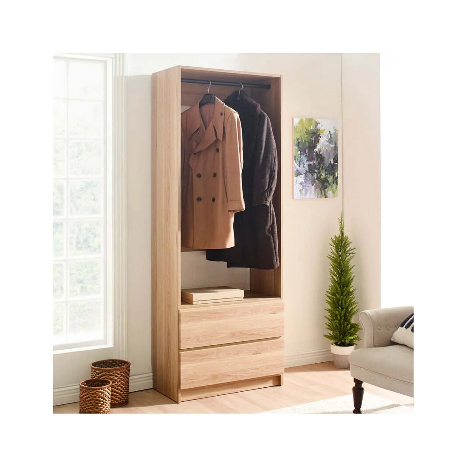 Oak Wood Walk-in Closet with Two Drawers Q991003