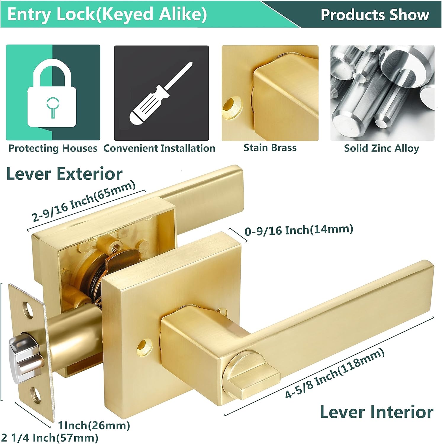 4 Pack Square Euro Style Door Leversets in Stain Brass Finish with Keys D2567