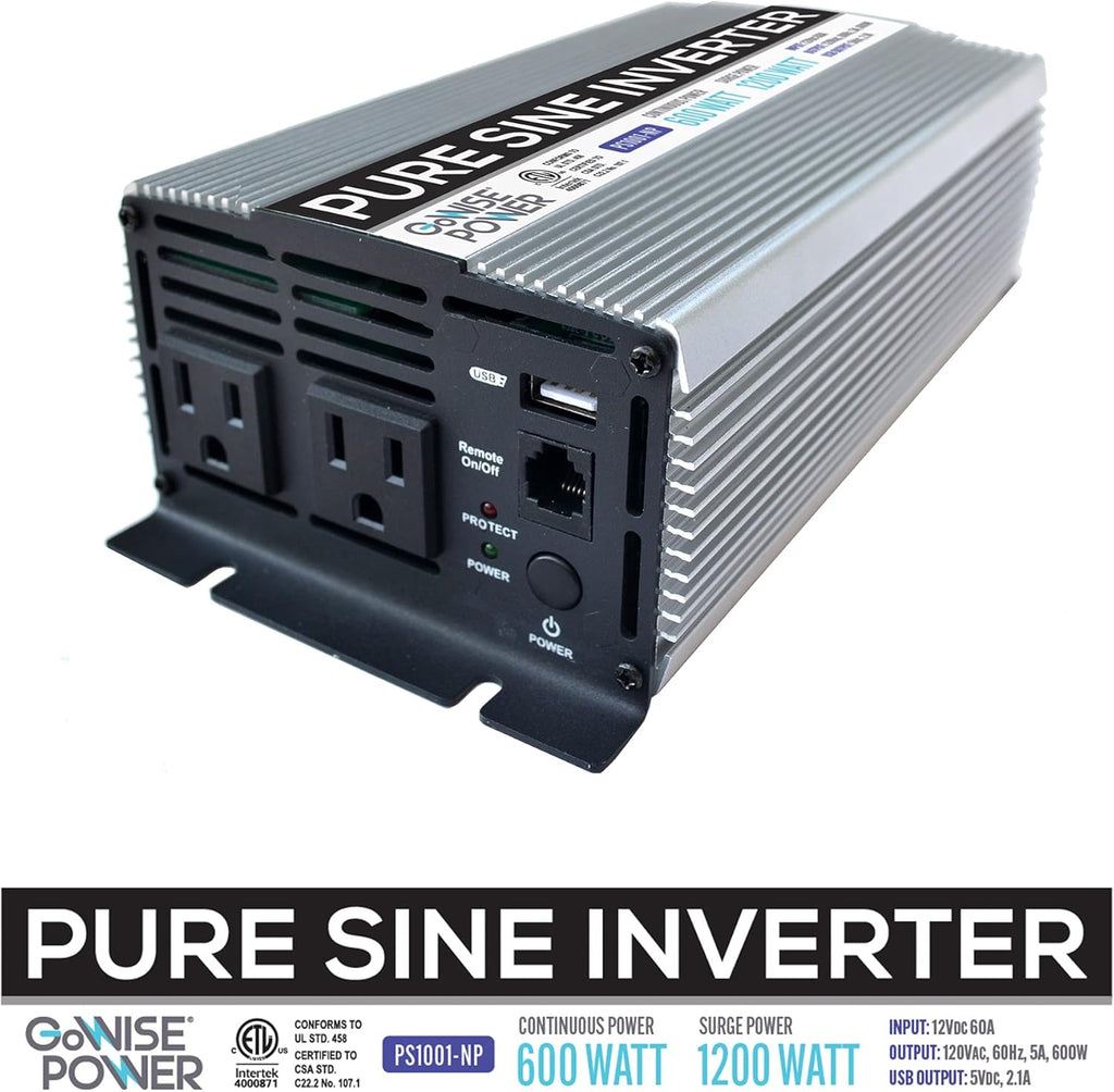 600W Pure Sine Wave Inverter 12V DC to 115V AC with 2 AC Outlets and USB Port K992853