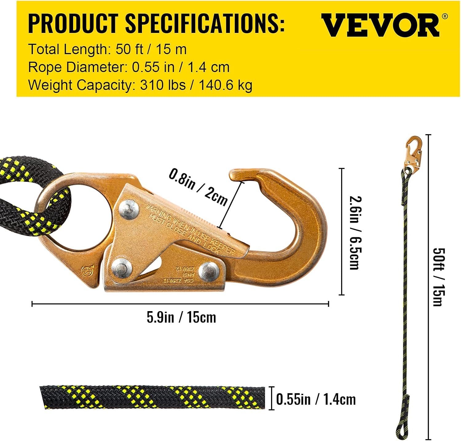 50 ft Polyester Fall Protection Rope with Alloy Steel Rope Grab, Pack of 2 S5995