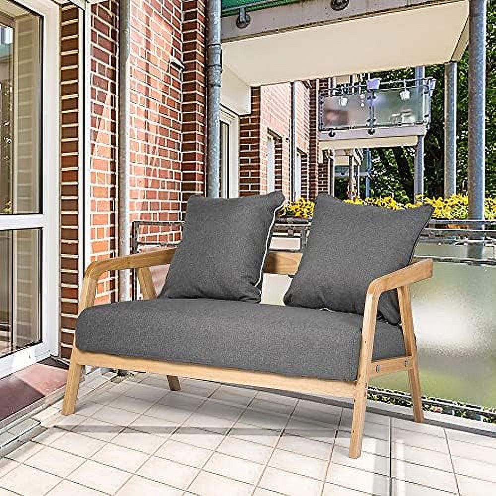 Grey Fabric 2-Seat Loveseat Sofa with Wood Armrest B80060