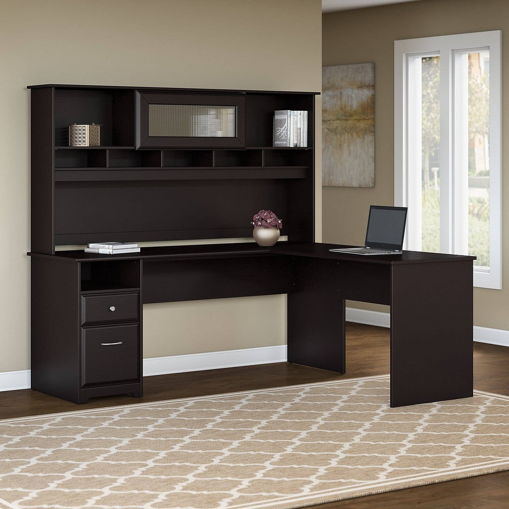 72W L Shaped Computer Desk with Hutch and Drawers, Espresso Oak U61274