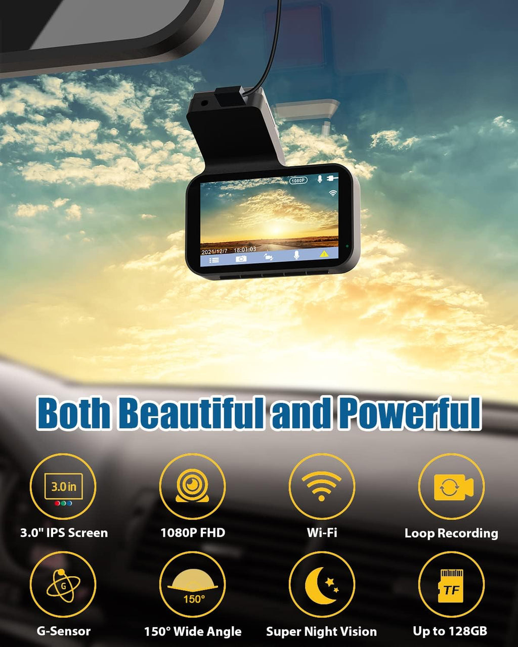 Dash Cam 1080P Full HD Built-in WiFi 3 Inch IPS Screen 150° Wide Angle Night Vision WDR Loop Recording G-Sensor Pack of 2 N716