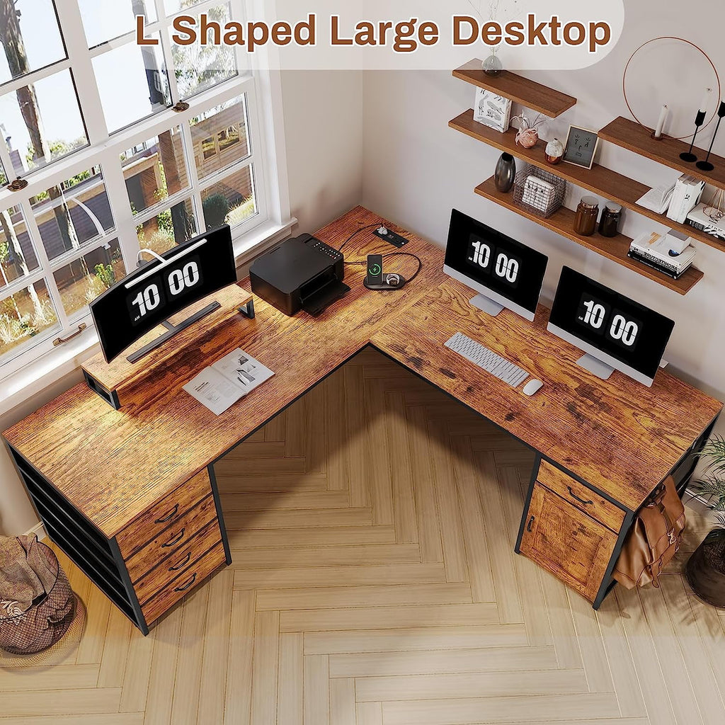 Rustic Brown 63" Reversible L Shaped Desk with Power Outlet, 5 Drawer Z75598