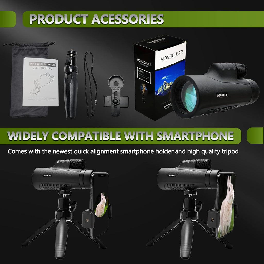 12x50 Waterproof Monocular with Smartphone Adapter & Tripod V7185