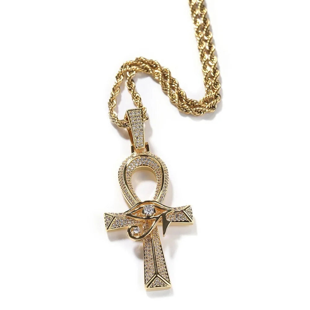 14K Gold Over Finish Simulated Diamond Eye Of Horus Ankh Cross Charm Pendant Necklace D854304