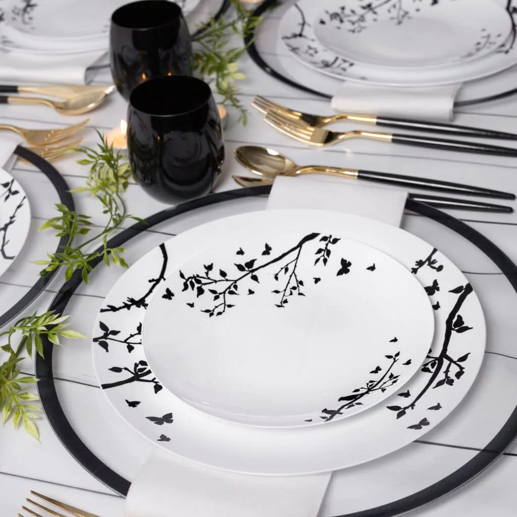 White 10" Round Plastic Plates with Black Floral Design Q657863