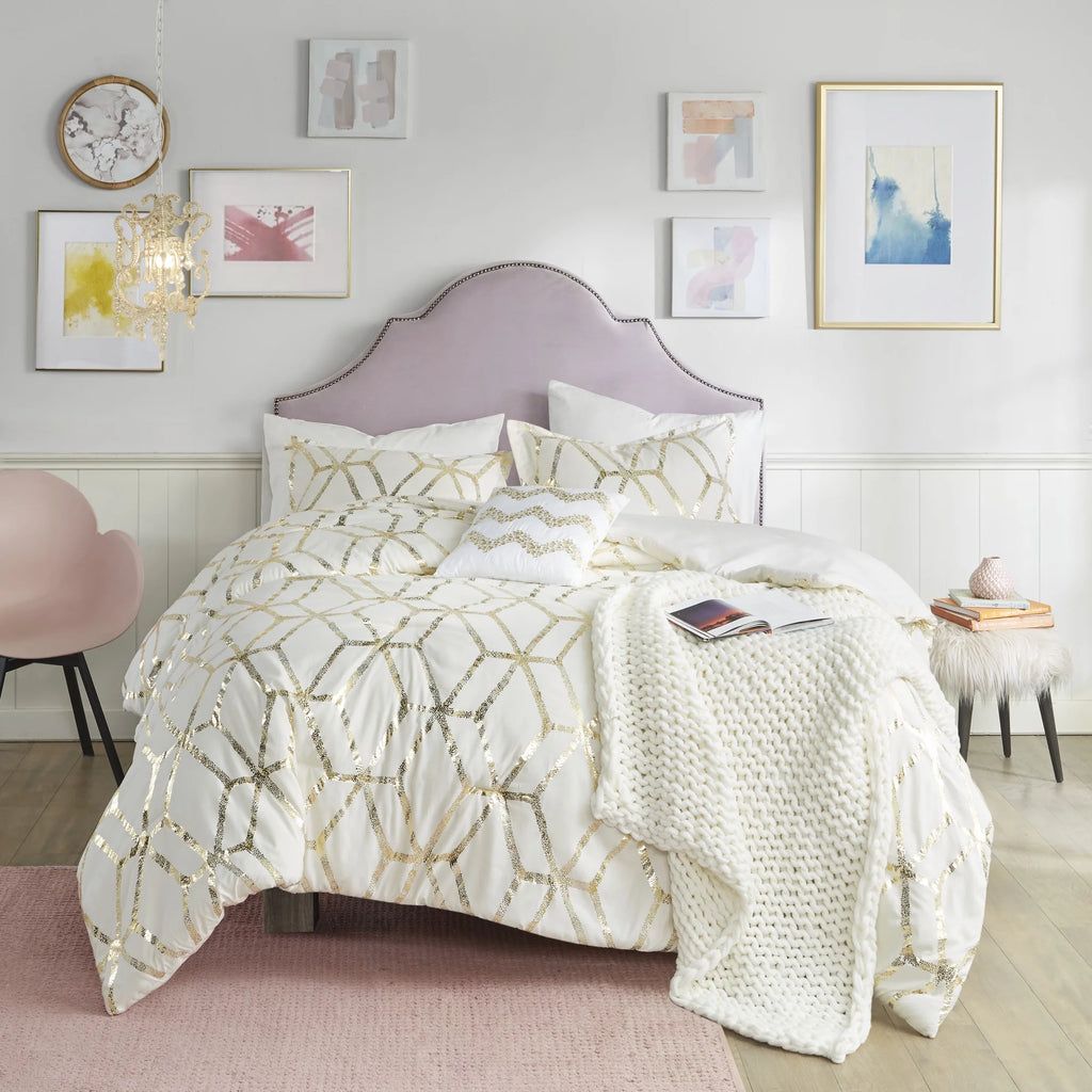 4-Piece Geometric Metallic Print Comforter Set Ivory/Gold Full/Queen D610578