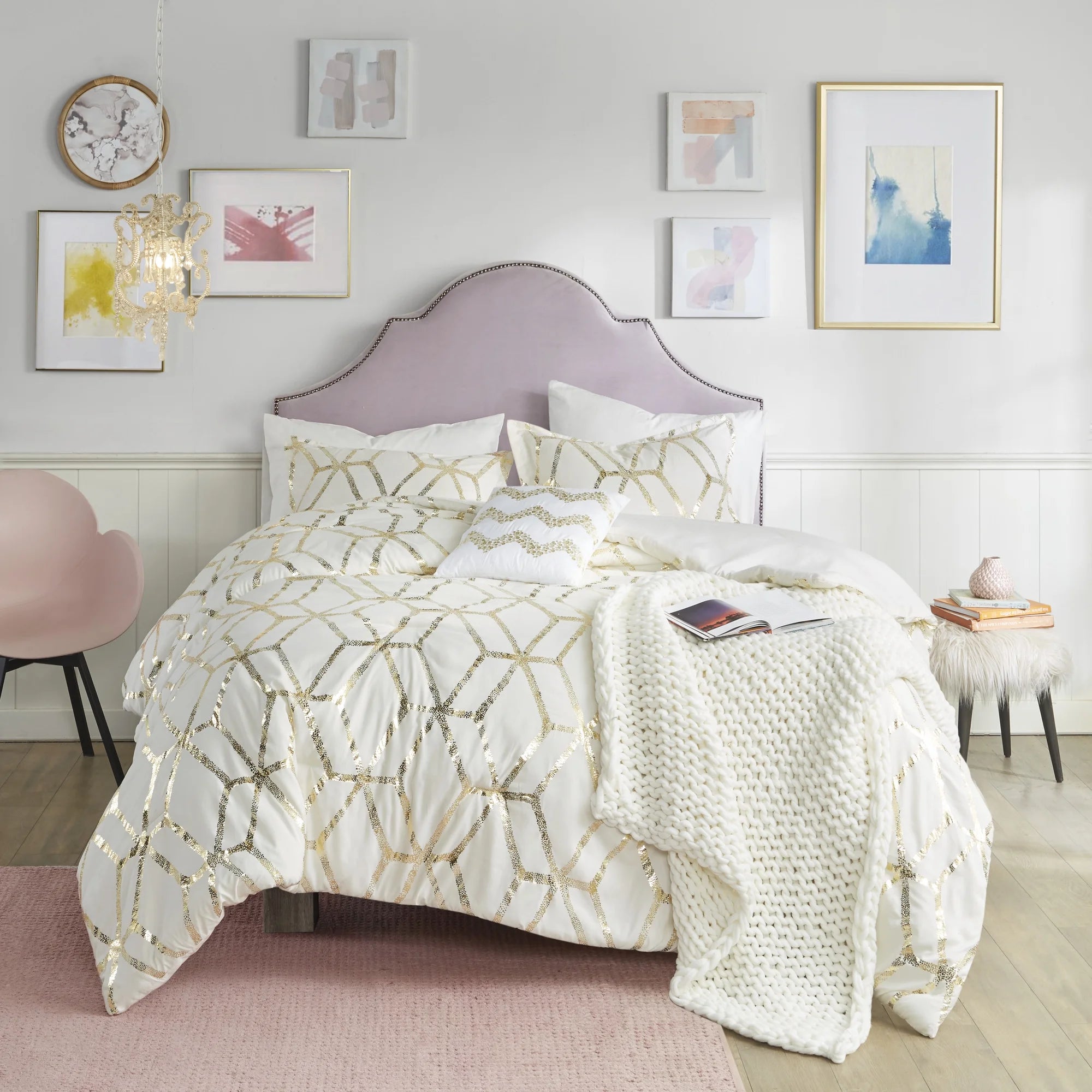 4-Piece Geometric Metallic Print Comforter Set Ivory/Gold Full/Queen D610578