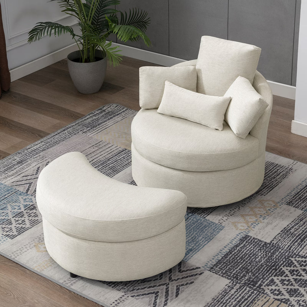 Beige Linen Fabric Swivel Accent Barrel Sofa Chair with Half Moon Storage Ottoman and 3 Pillows B601975