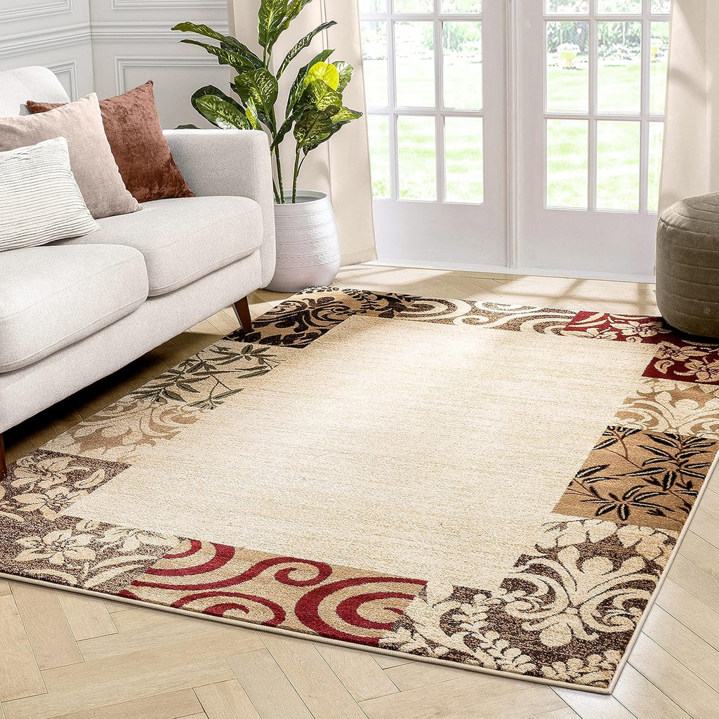 Beige Damask Border Rug 7x10 (6'7 x 9'6) R35940